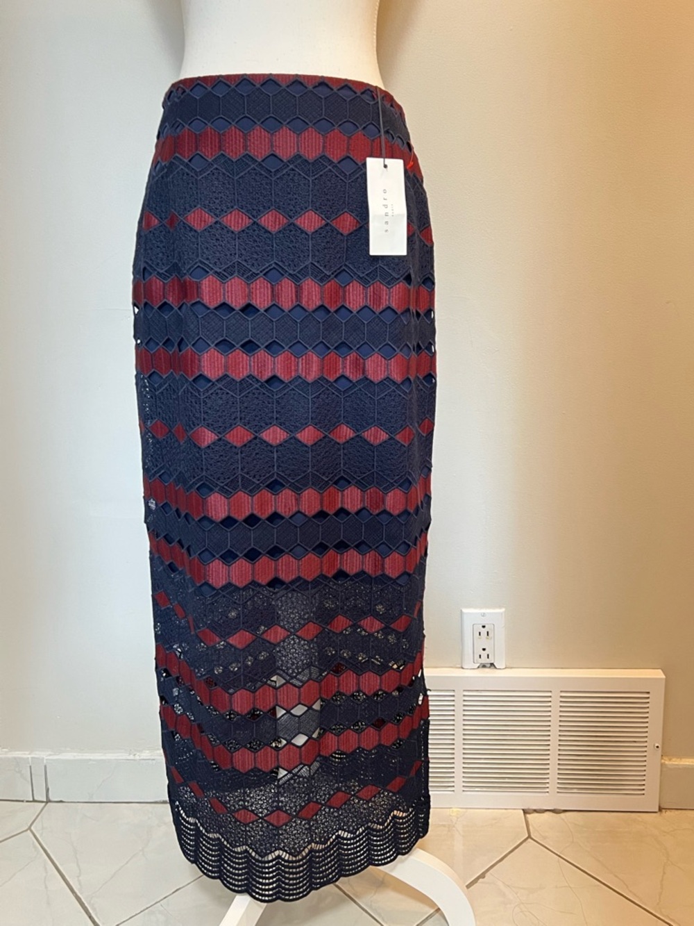 Sandro Navy and Burgundy Lace Chevron Maxi Skirt